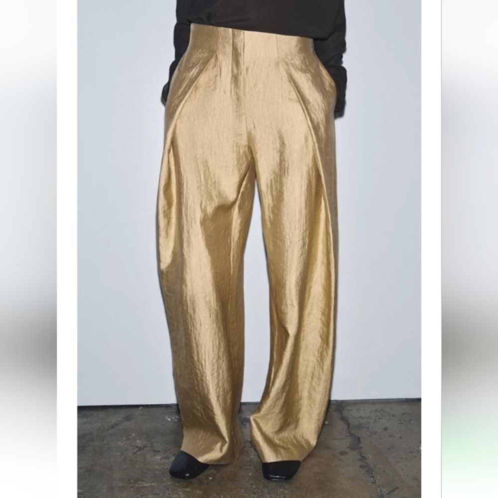 Zara Elegant Gold Metallic Festive Wide-Leg Pleated High Waisted Pants Sz-XS